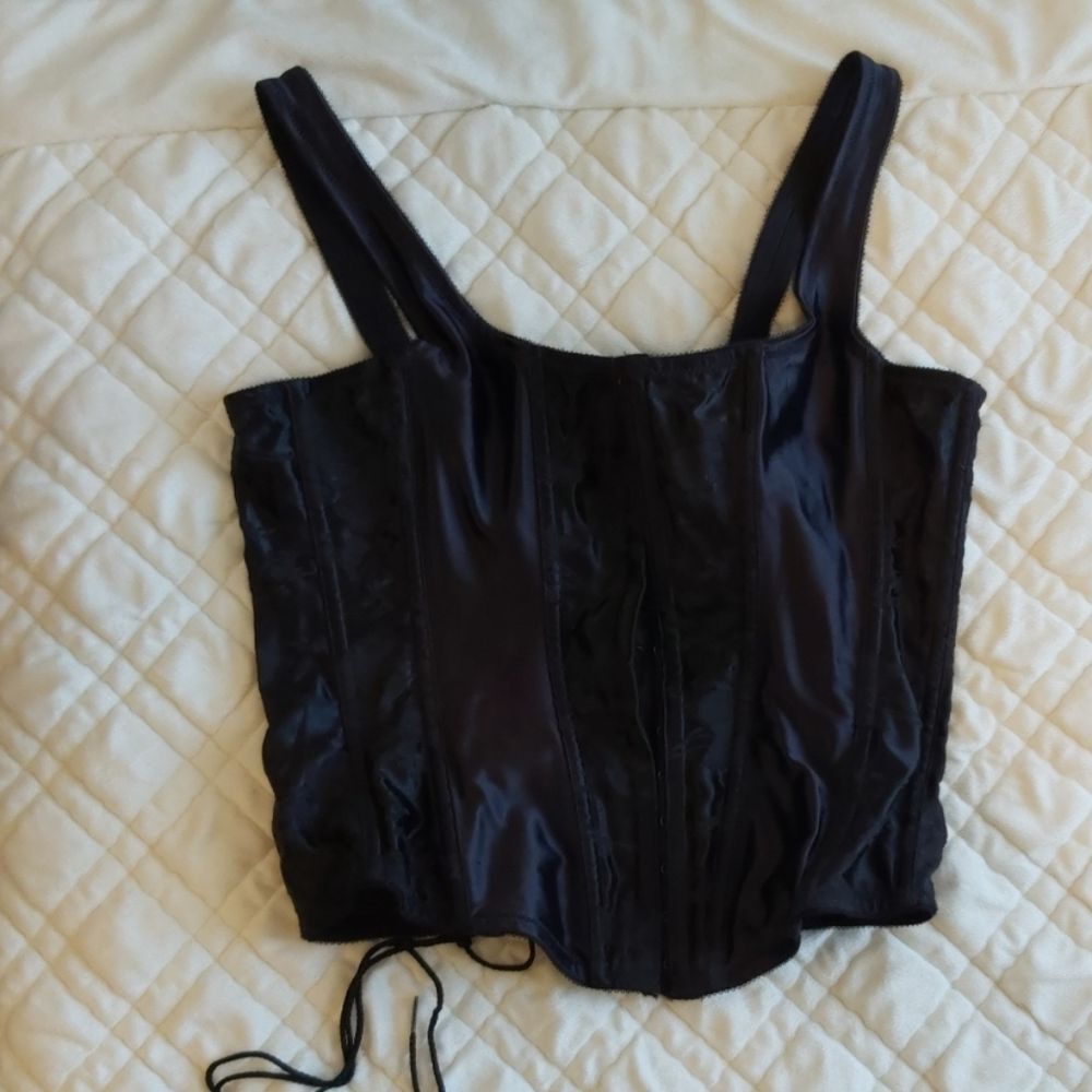 Empire Vintage Black Satin Corset Top 38 Lace Up Goth Whimsigoth Coquette Grunge